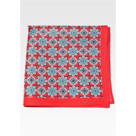 Bright Red and Teal Medallion Print Silk Pocket Square