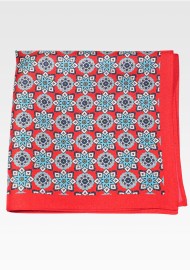 Bright Red and Teal Medallion Print Silk Pocket Square