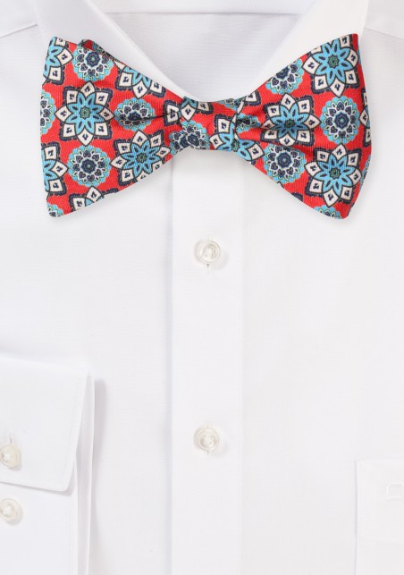 Red Silk Bow Tie with Detailed Vintage Print in Turquoise