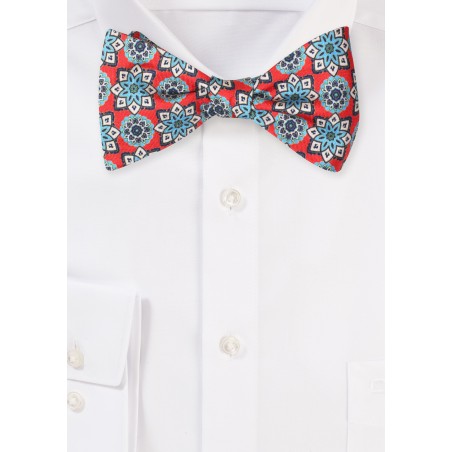 Red Silk Bow Tie with Detailed Vintage Print in Turquoise