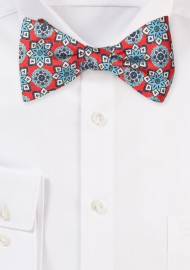 Red Silk Bow Tie with Detailed Vintage Print in Turquoise