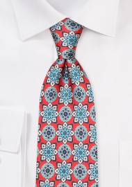 Bright Red and Turquoise Medallion Print Necktie