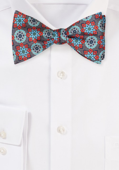 Gray and Red Silk Bow Tie in Self Tie Style