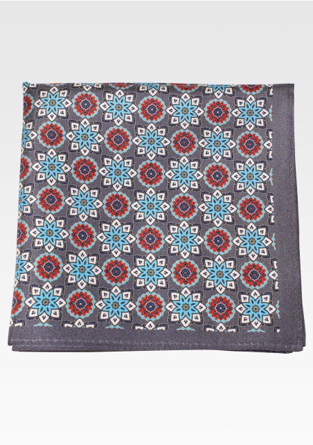 Large Medallion Print Silk Hanky in Gray, Red, Aqua