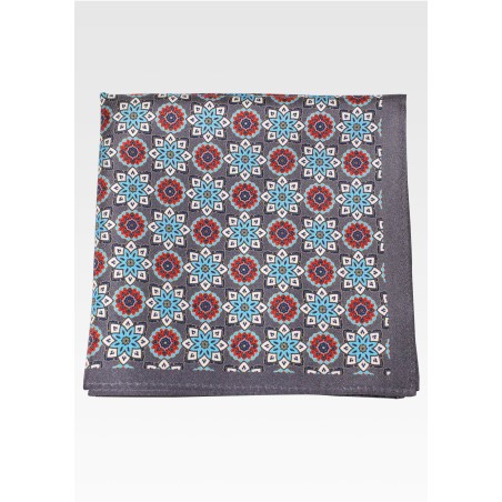 Large Medallion Print Silk Hanky in Gray, Red, Aqua