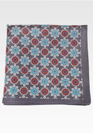 Large Medallion Print Silk Hanky in Gray, Red, Aqua