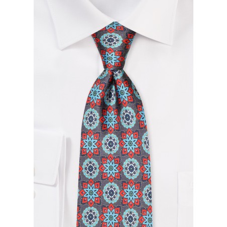 Gray Silk Tie with Bold Retro Pattern in Red, Golden, Aqua
