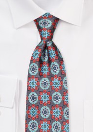 Gray Silk Tie with Bold Retro Pattern in Red, Golden, Aqua