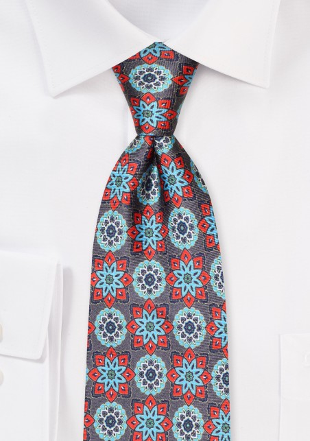 XL Length Silk Tie in Colorful Retro Print