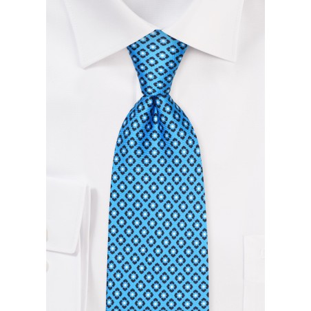 Mermaid Blue Geometric Print Silk Tie in XL Length