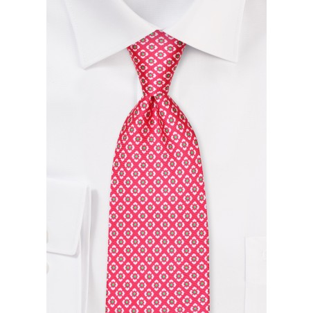 Extra Long Hot Pink and White Graphic Print Silk Tie