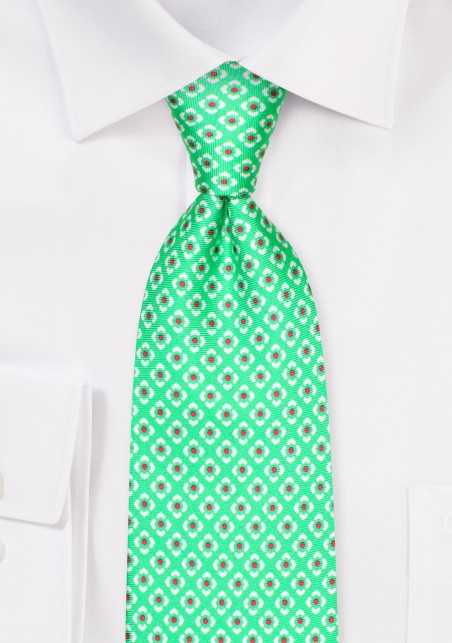 Kelly Green Silk Tie with Geometric Print in Hot Pink and White