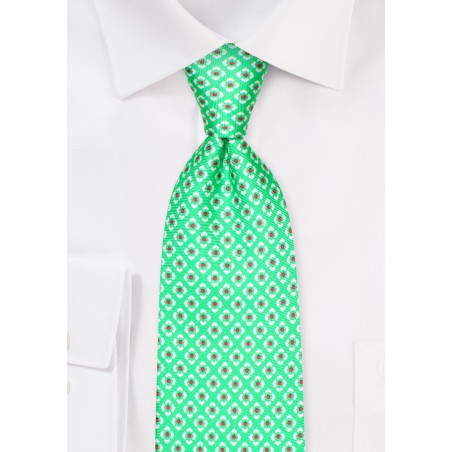Kelly Green Silk Tie with Geometric Print in Hot Pink and White