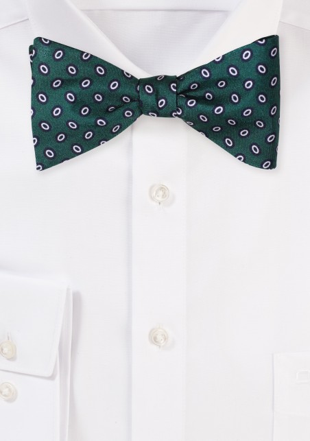 Hunter Green Silk Bowtie with Oval Dots in Navy and White