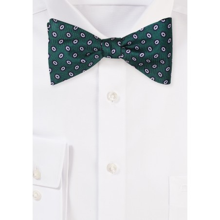 Hunter Green Silk Bowtie with Oval Dots in Navy and White
