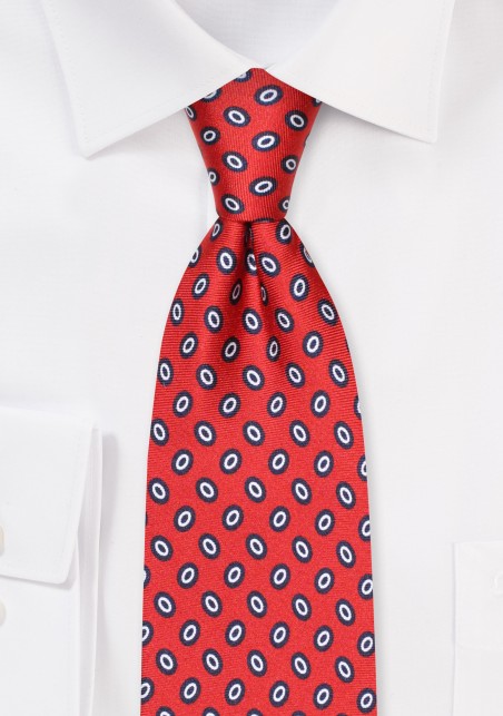 Extra Long Cherry Red Mens Tie with Oval Dots in Navy
