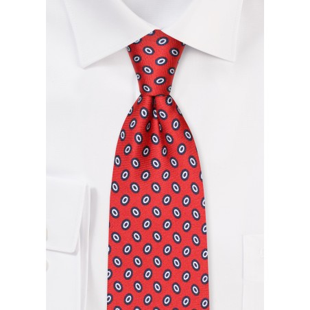 Extra Long Cherry Red Mens Tie with Oval Dots in Navy