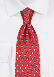 Extra Long Cherry Red Mens Tie with Oval Dots in Navy