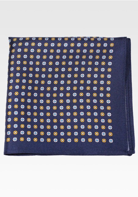 Pure Silk Pocket Square of Tiny Floral Bud Print in Navy and Gold