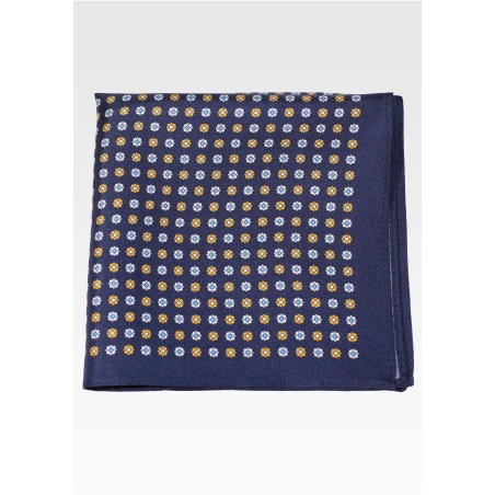 Pure Silk Pocket Square of Tiny Floral Bud Print in Navy and Gold