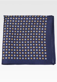 Pure Silk Pocket Square of Tiny Floral Bud Print in Navy and Gold