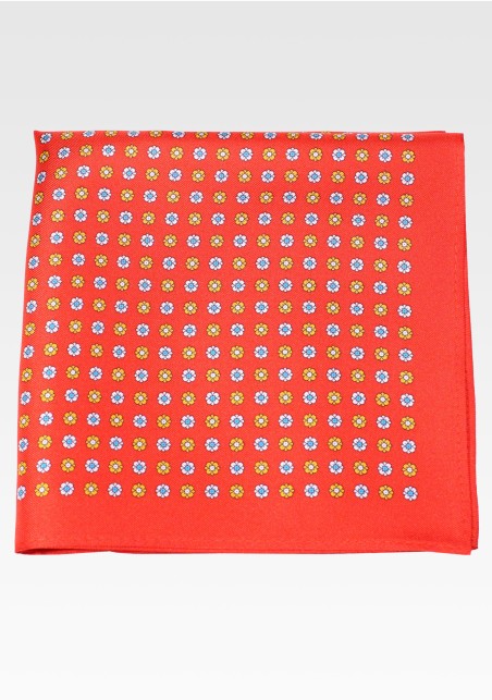 Floral Bud Print Silk Pocket Square in Bright Red