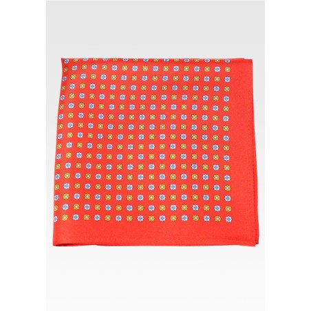 Floral Bud Print Silk Pocket Square in Bright Red