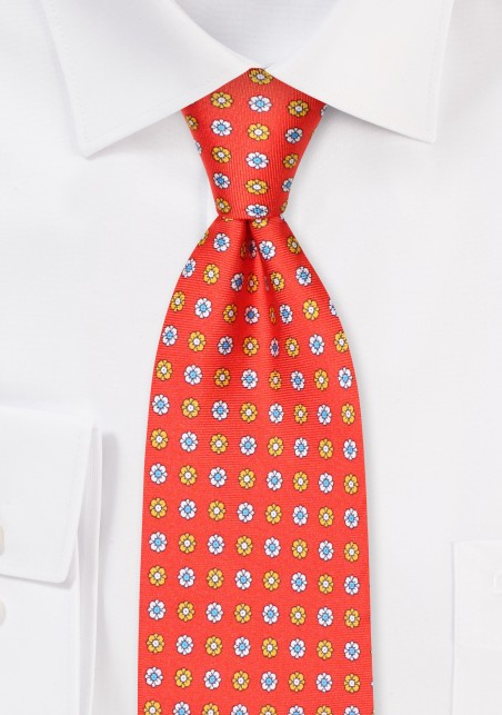Bright Red Micro Floral Print Tie in 100% Silk