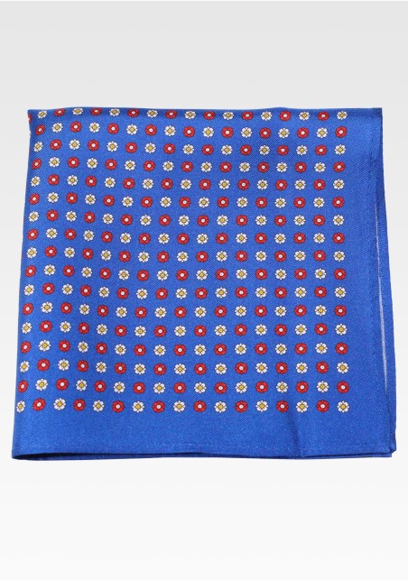 Marine Blue, Red, White Floral Print Silk Pocket Square