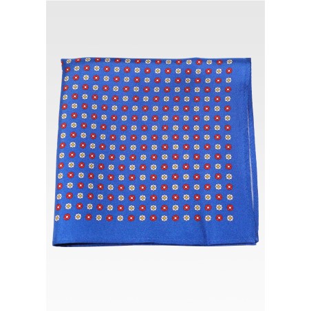 Marine Blue, Red, White Floral Print Silk Pocket Square