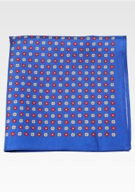 Marine Blue, Red, White Floral Print Silk Pocket Square