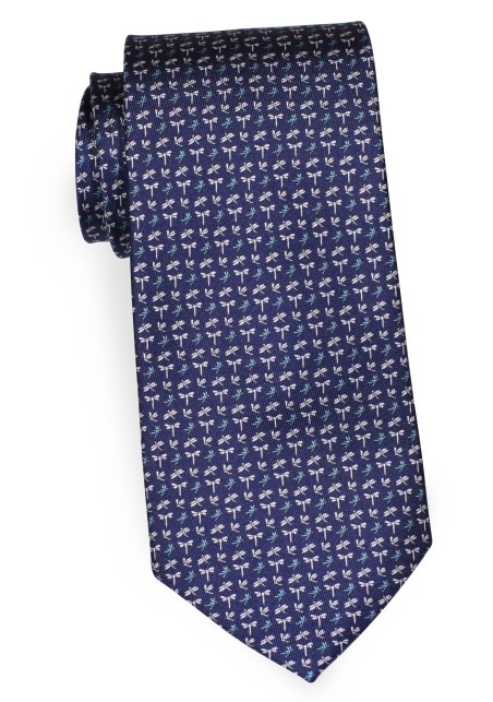 Extra Long Silk Tie - Navy Blue with Dragonflies