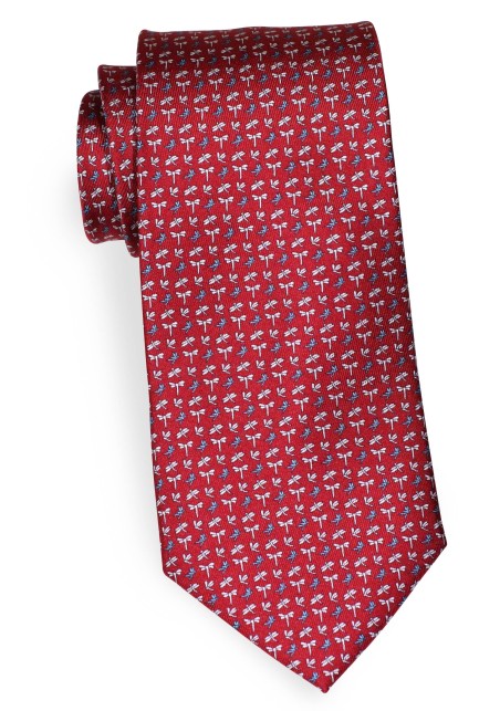 Burgundy Red Silk Tie with Dragonflies in Silver and Teal