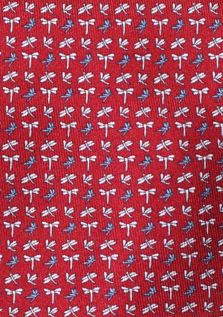 Burgundy Red Silk Tie with Dragonflies in Silver and Teal