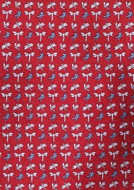 Burgundy Red Silk Tie with Dragonflies in Silver and Teal