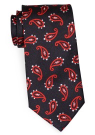 Black Silk Tie in XL Length with Bold Red Paisley Print