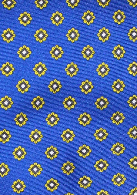 Silk Necktie in Royal Blue with Golden Yellow Floral Foulard Print