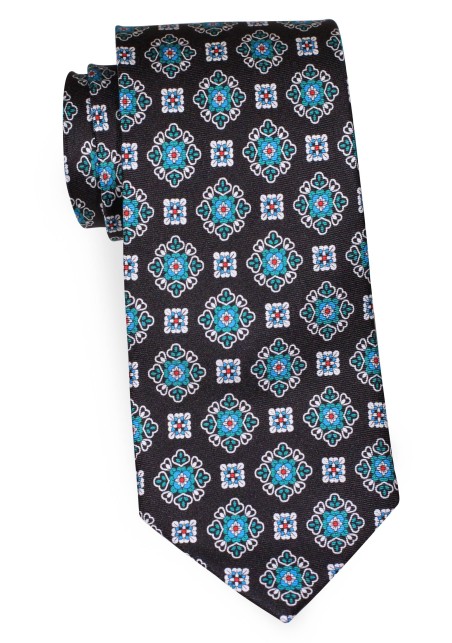 Black Silk Necktie with Vintage Medallion Print in Teal