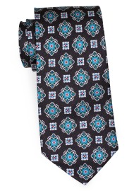 Extra Length Black Silk Tie with Vintage Medallion Print in Teal