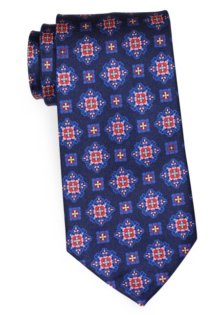 XL Medallion Printed Silk Tie in Navy, Red, Pink