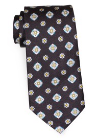 Black Silk Tie with Floral Medallions in Teal, Silver, and Gold
