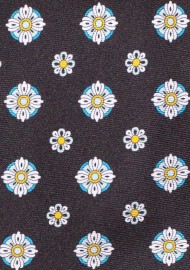 Black XL Length Necktie with Floral Medallions