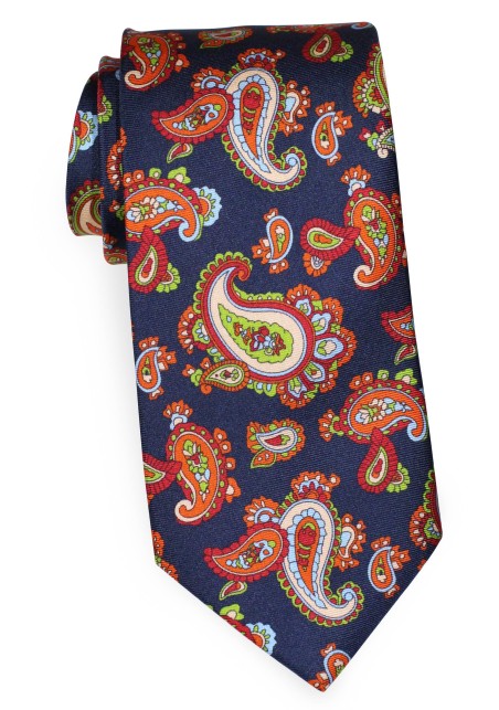Luxury Silk Paisley Tie in Navy Orange, Lime