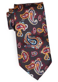 Luxury Silk Paisley Tie in Brown, Orange, Burgundy