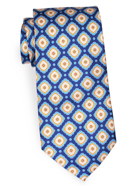 Royal Blue Silk Tie with Gold and Tan Geometric Tile Print