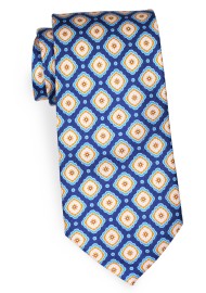 Royal Blue Silk Tie with Gold and Tan Geometric Tile Print