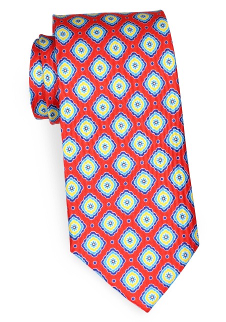 Red Silk Necktie with Geometric Tile print in Blue and Yellow