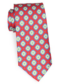 Red Silk Necktie with Geometric Tile print in Blue and Yellow