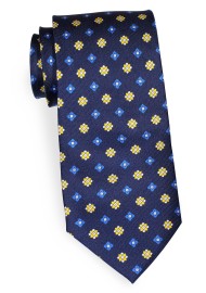 Navy Silk Print Tie with Geometric Print in Royal Blue and Yellow