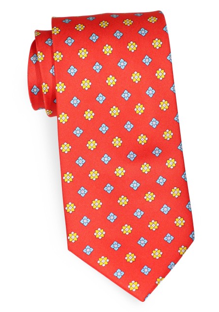 Extra Long Luxury Silk print Necktie in Bright Red, Aqua, Gold